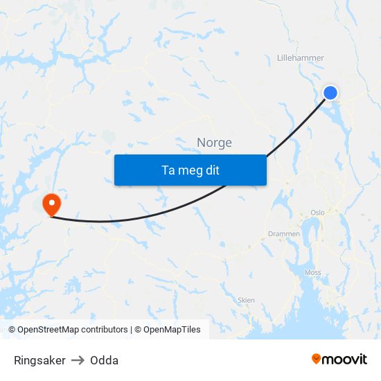 Ringsaker to Odda map