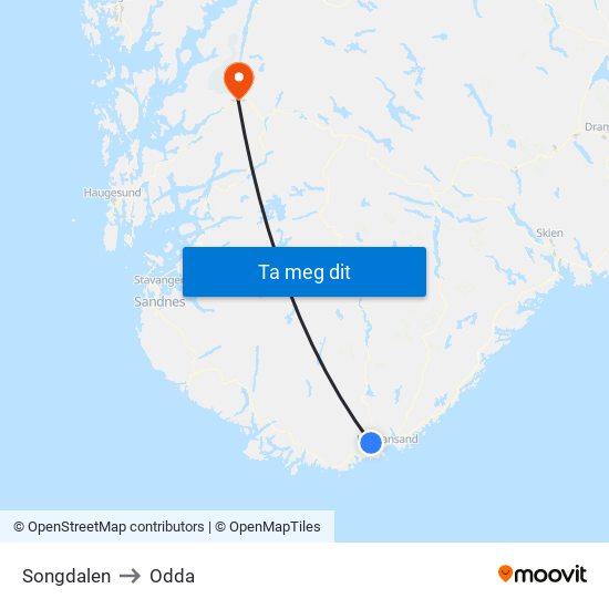 Songdalen to Odda map