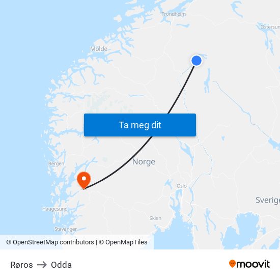 Røros to Odda map