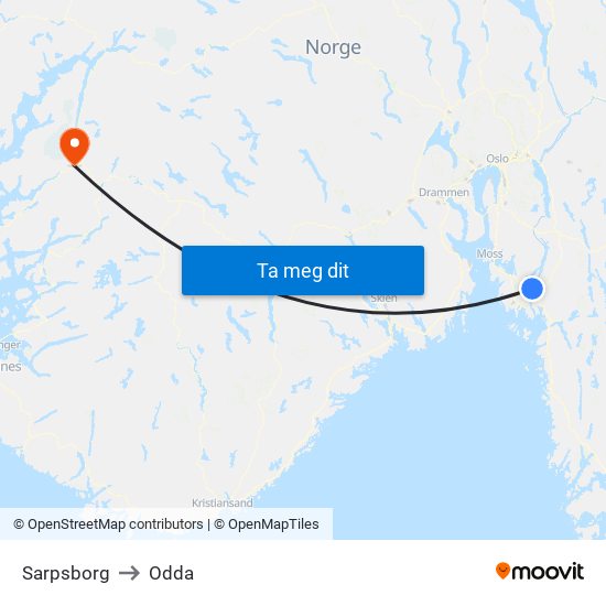 Sarpsborg to Odda map