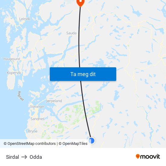 Sirdal to Odda map