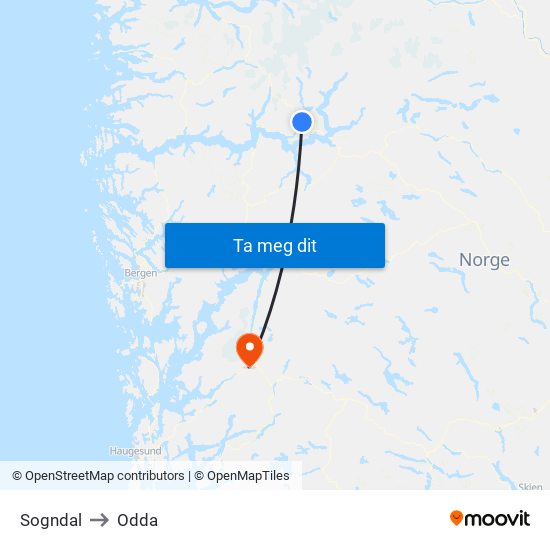 Sogndal to Odda map