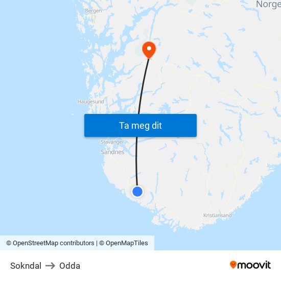 Sokndal to Odda map