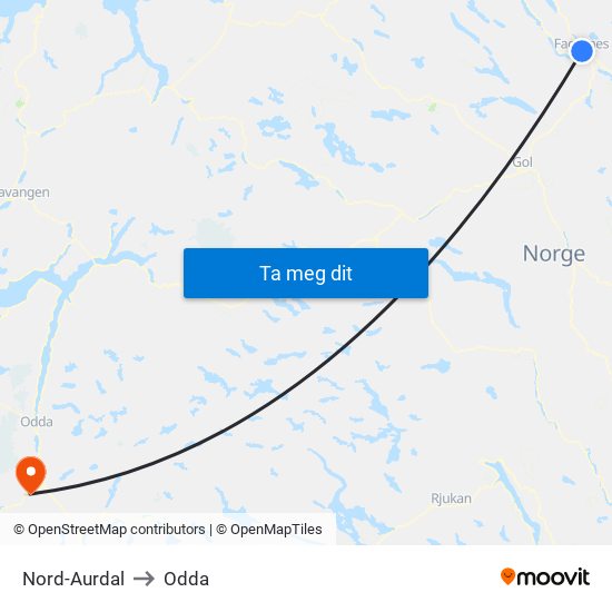 Nord-Aurdal to Odda map