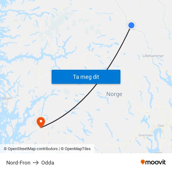 Nord-Fron to Odda map