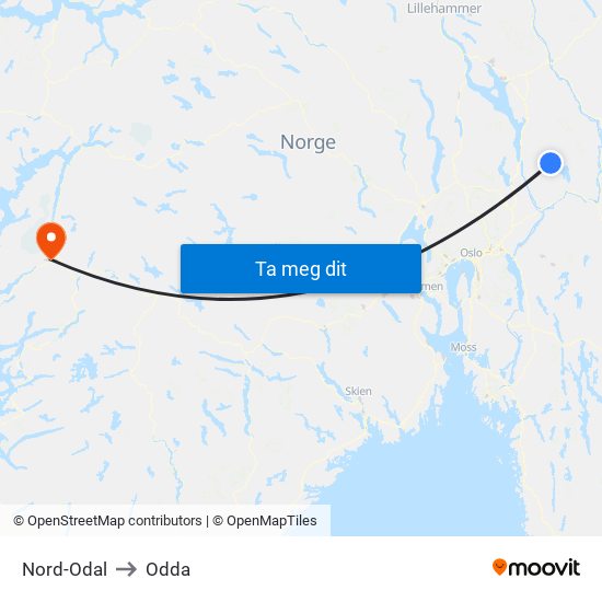 Nord-Odal to Odda map