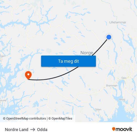 Nordre Land to Odda map