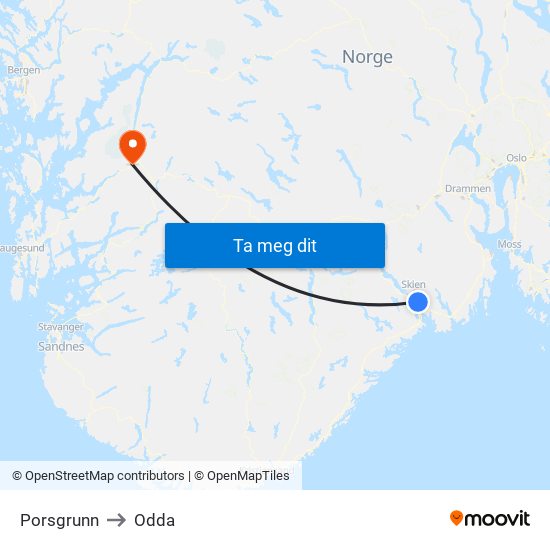 Porsgrunn to Odda map