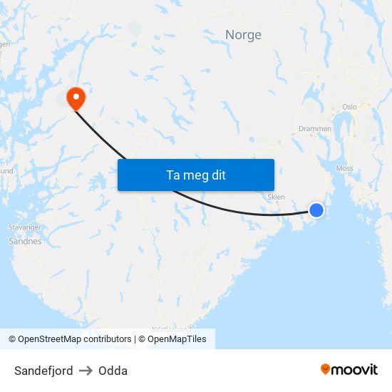 Sandefjord to Odda map