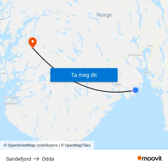 Sandefjord to Odda map