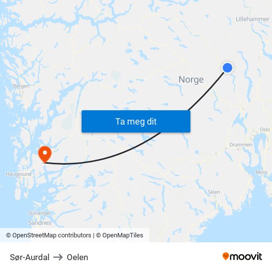 Sør-Aurdal to Oelen map