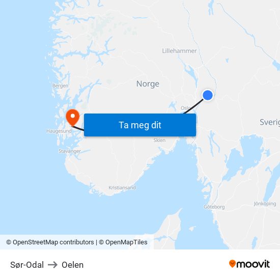 Sør-Odal to Oelen map