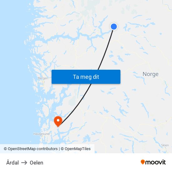 Årdal to Oelen map