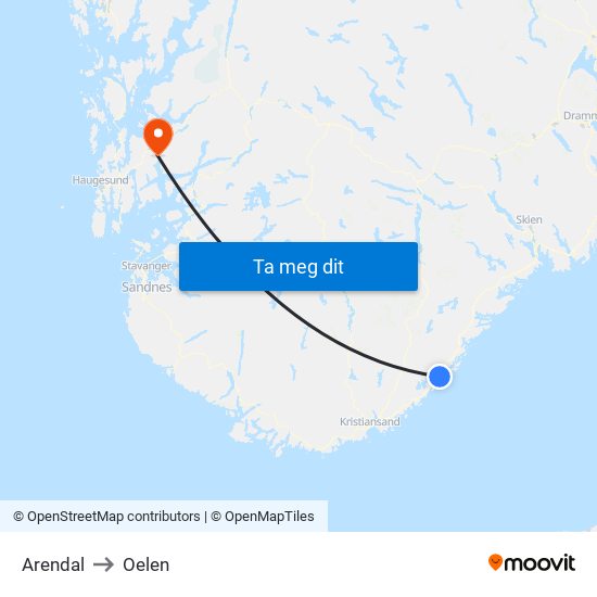Arendal to Oelen map