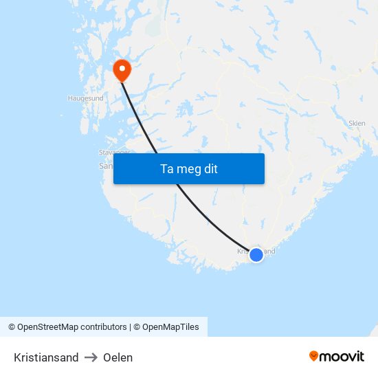 Kristiansand to Oelen map