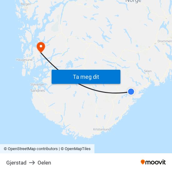 Gjerstad to Oelen map