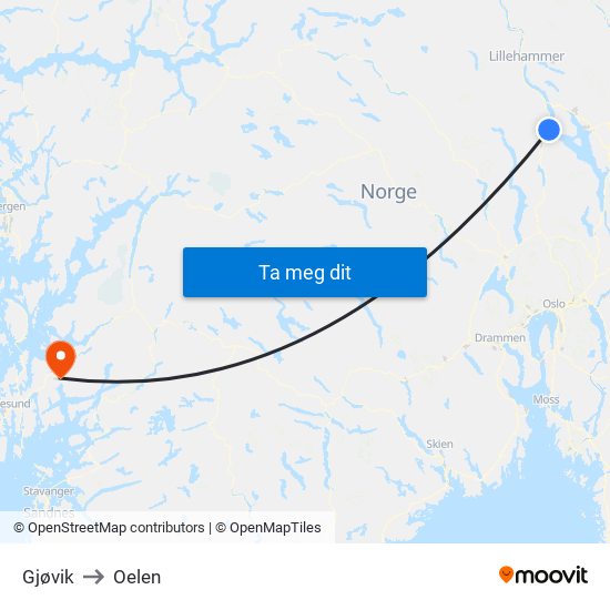 Gjøvik to Oelen map