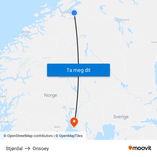 Stjørdal to Onsoey map