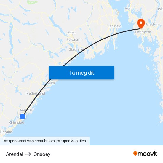 Arendal to Onsoey map