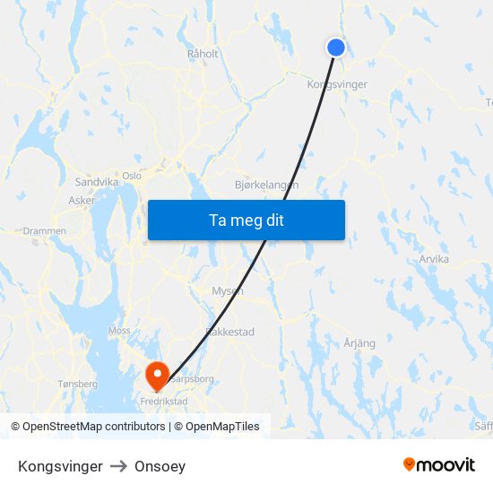 Kongsvinger to Onsoey map