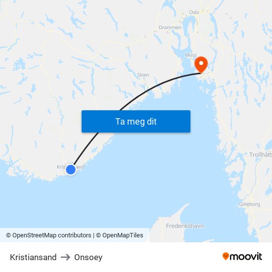 Kristiansand to Onsoey map