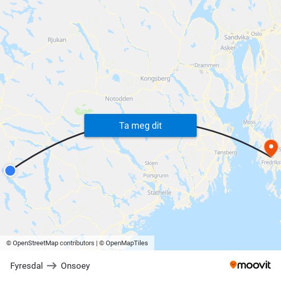 Fyresdal to Onsoey map