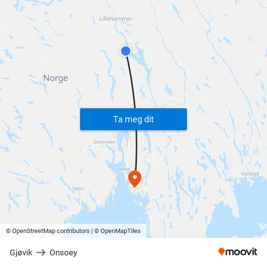 Gjøvik to Onsoey map