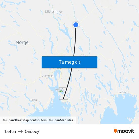 Løten to Onsoey map