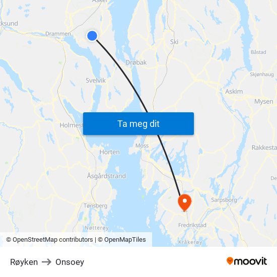 Røyken to Onsoey map