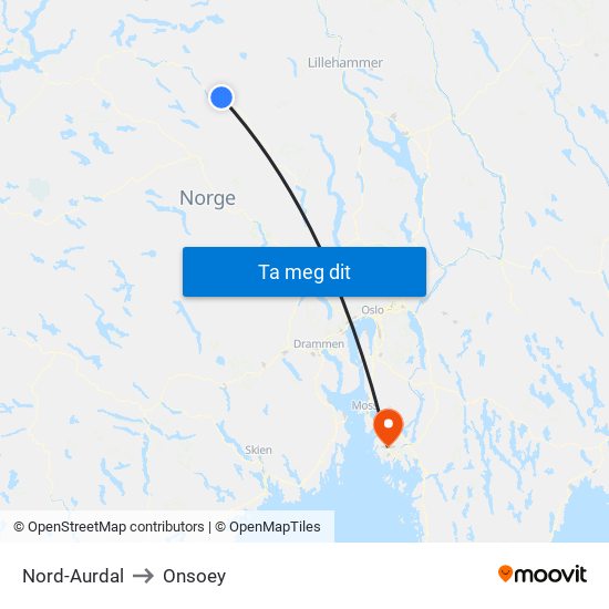 Nord-Aurdal to Onsoey map