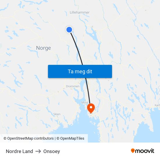 Nordre Land to Onsoey map