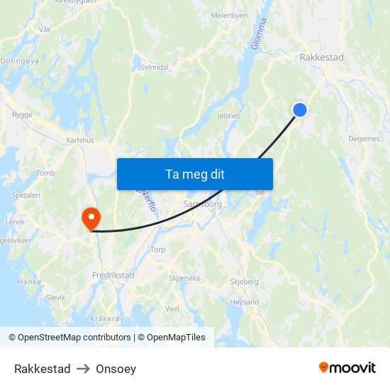 Rakkestad to Onsoey map