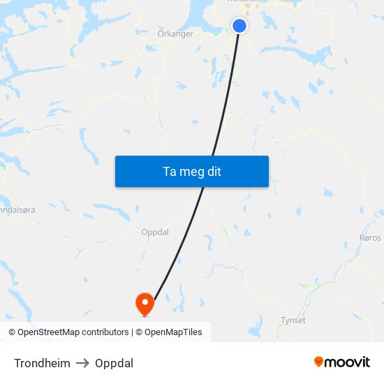 Trondheim to Oppdal map