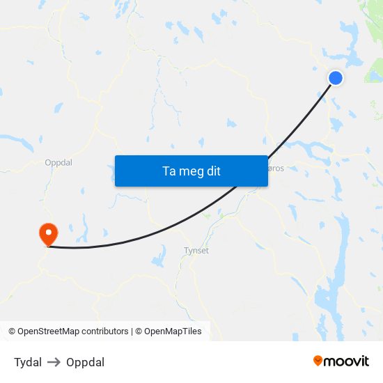 Tydal to Oppdal map