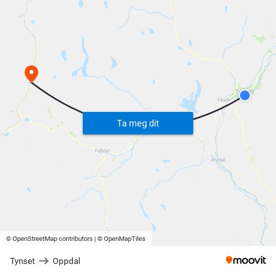 Tynset to Oppdal map