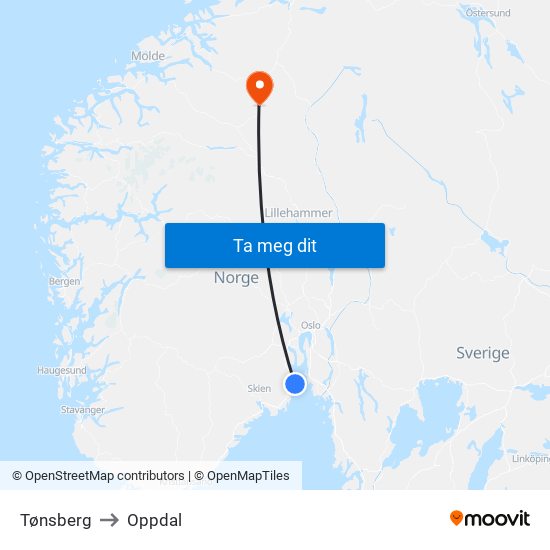 Tønsberg to Oppdal map