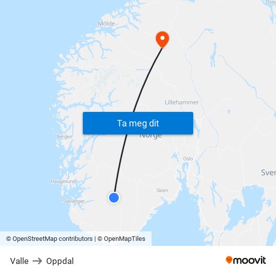 Valle to Oppdal map