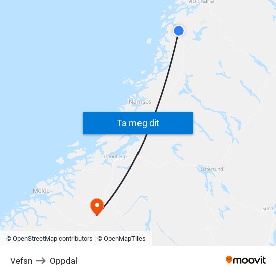 Vefsn to Oppdal map