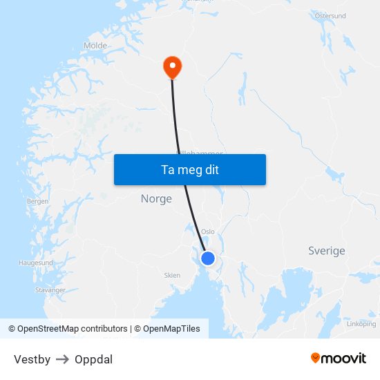 Vestby to Oppdal map