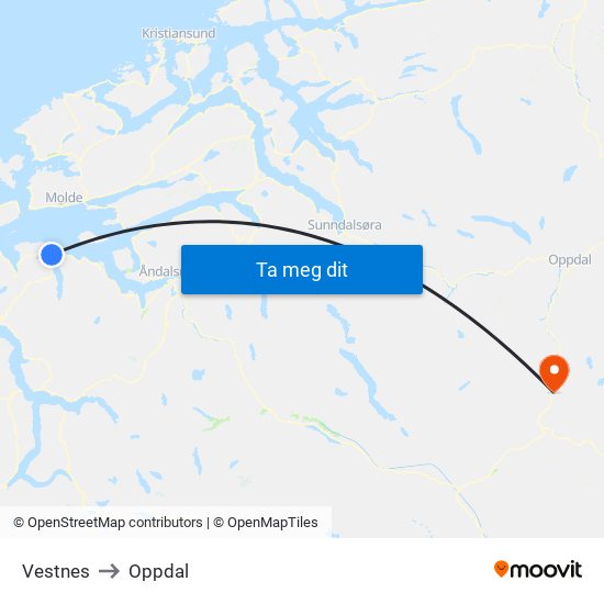 Vestnes to Oppdal map