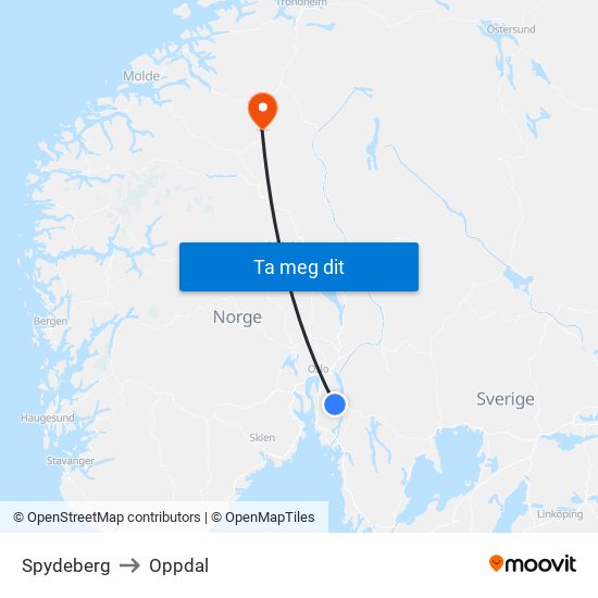 Spydeberg to Oppdal map