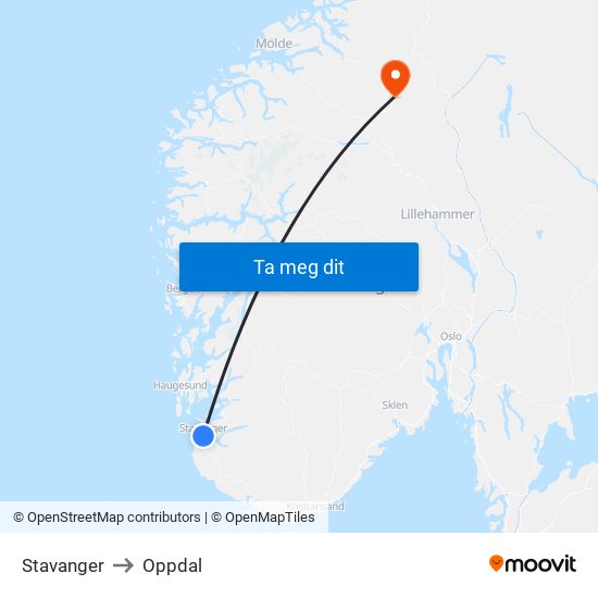 Stavanger to Oppdal map