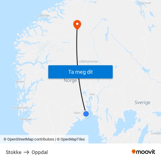 Stokke to Oppdal map