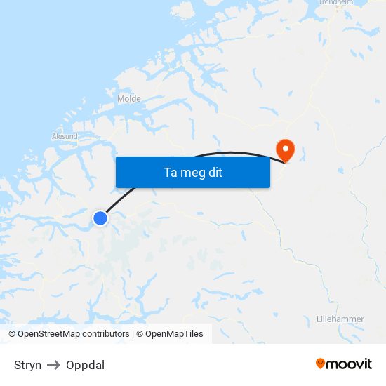 Stryn to Oppdal map