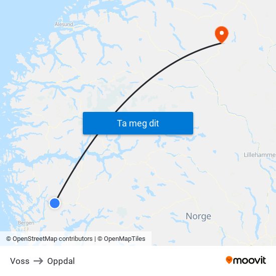 Voss to Oppdal map