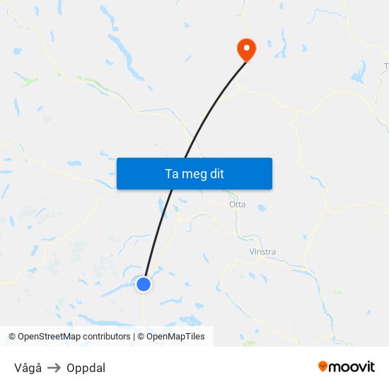 Vågå to Oppdal map