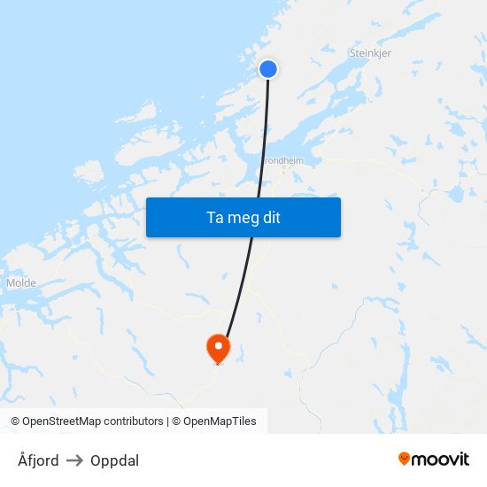 Åfjord to Oppdal map