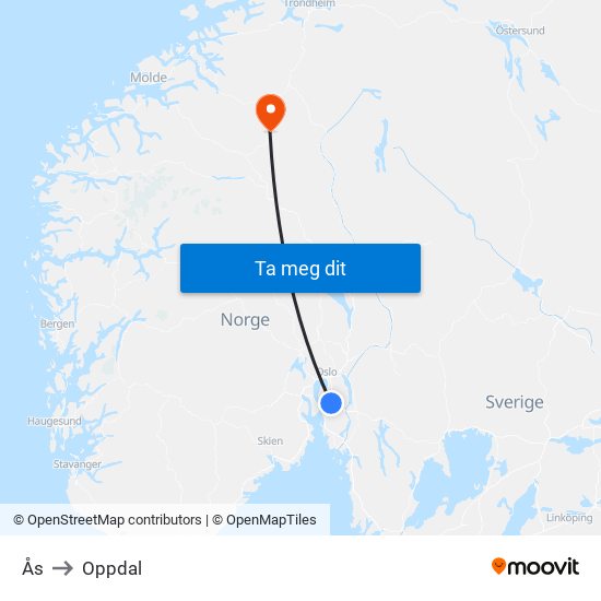 Ås to Oppdal map