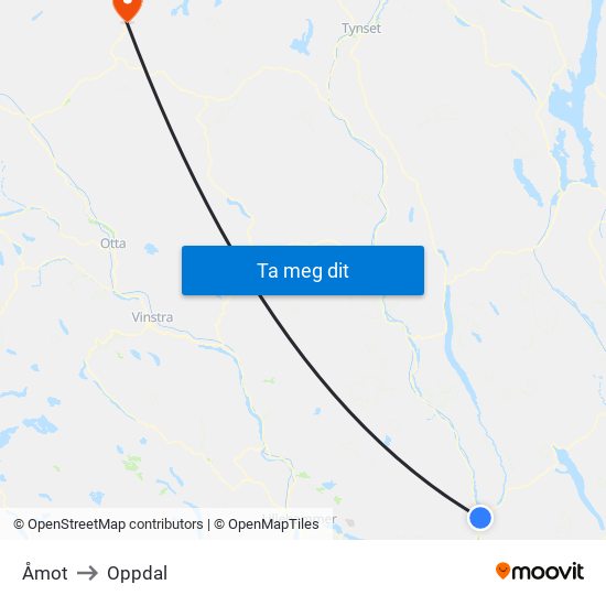 Åmot to Oppdal map