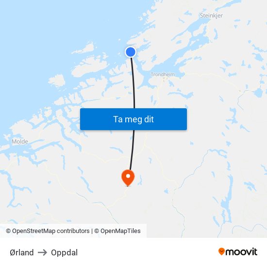 Ørland to Oppdal map